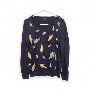 Talbots Dark Blue Feather Motif Sweater Size Medium